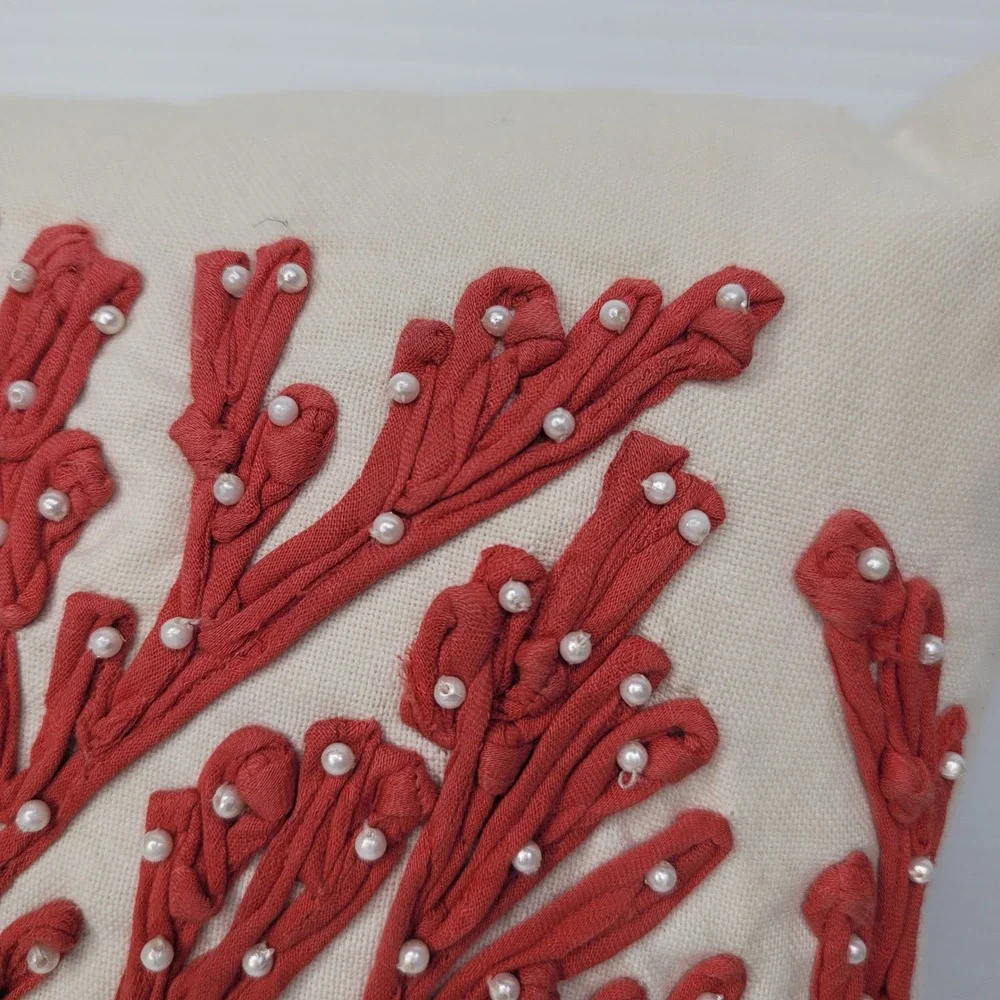 Pottery Barn Throw Pillow Coral Coastal Beaded Red White 12x12 Square Cotton